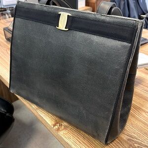 $1800 Ferragamo Embossed Lizard Navy Shoulder Bag